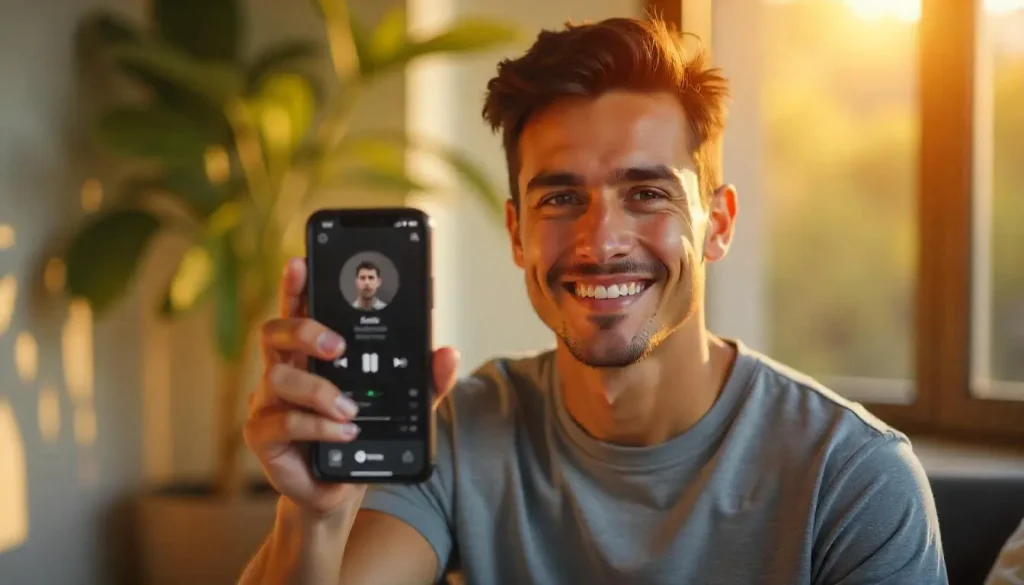 Artista joven sonriendo enseñando su cuenta de Spotify