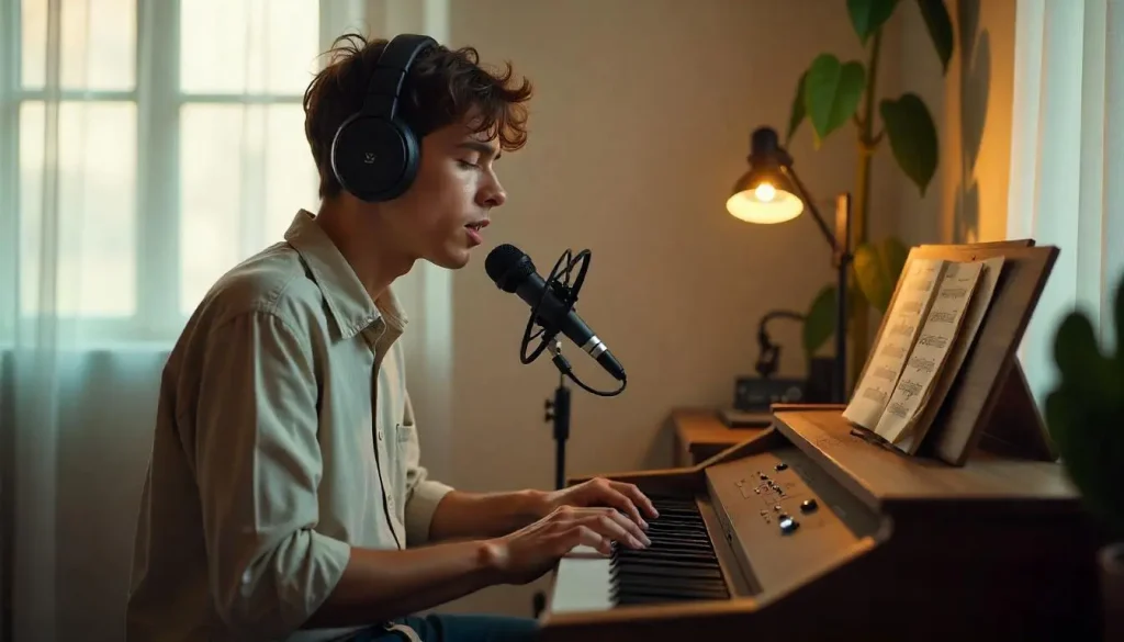 Cantante joven tocando el piano y cantando en su habitación