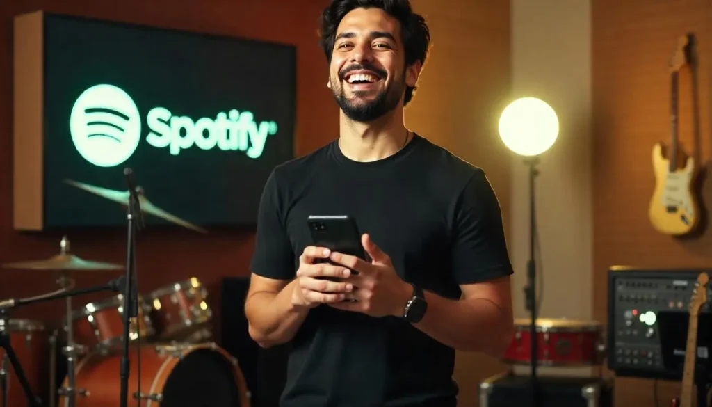 Músico joven en su estudio de grabación, contento por ganar dinero con con Spotify