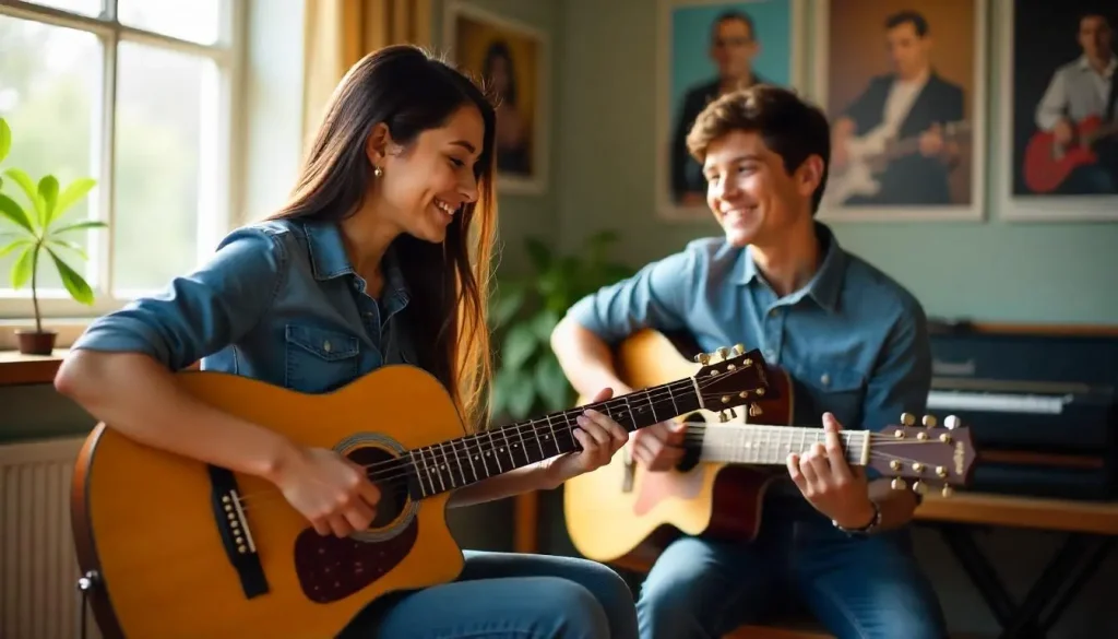 Profesora enseñando a cantar y tocar la guitarra a su alumno