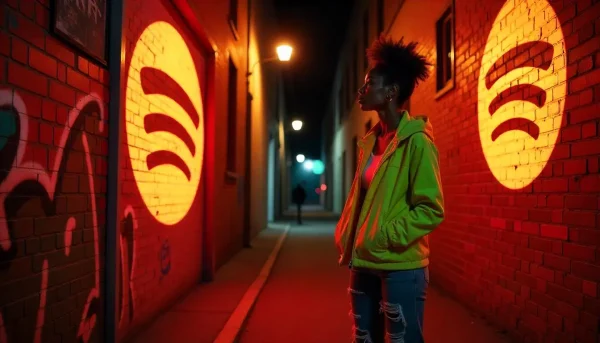 chica en un callejón viendo el logo de Spotify