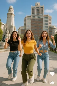 Tres chicas alegres haciendo un baile viral en Plaza España