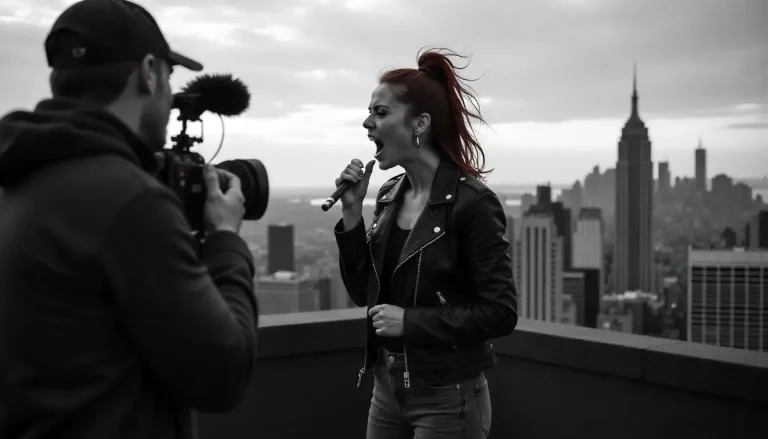 Chica joven cantando mientras la graban con una cámara, con efecto blanco y negro