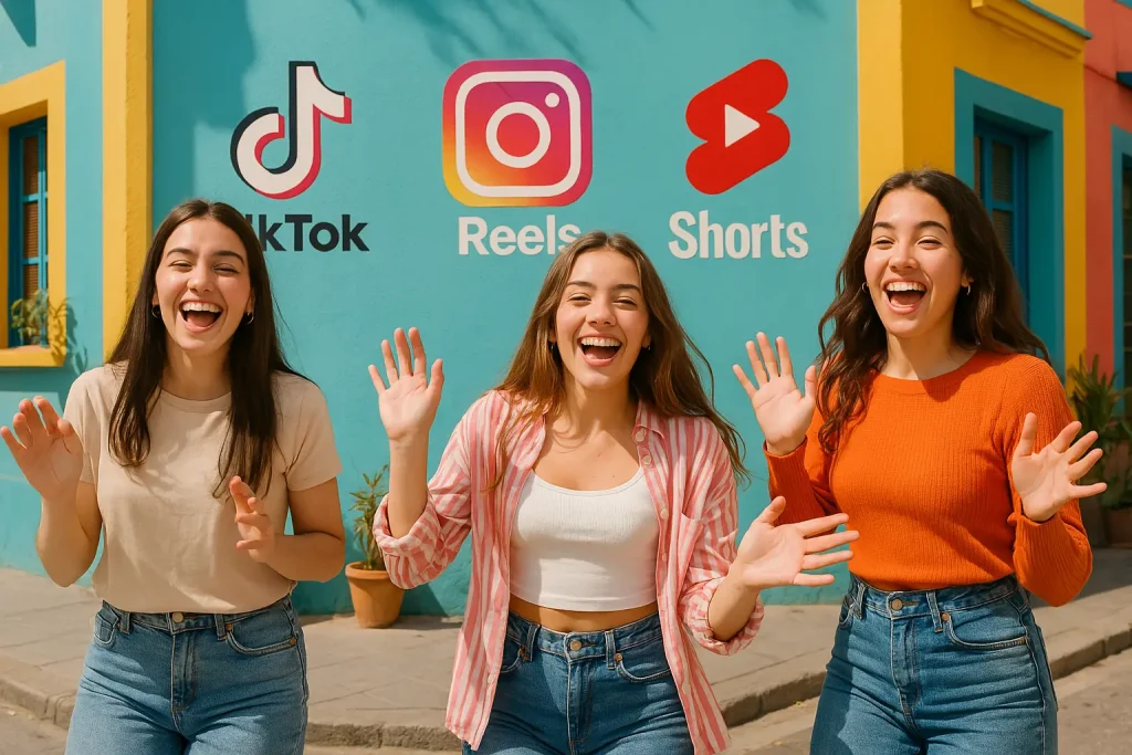 Chicas alegres haciendo treds virales cantando y bailando con los logotipos de tiktok, instagram y youtube de fondo