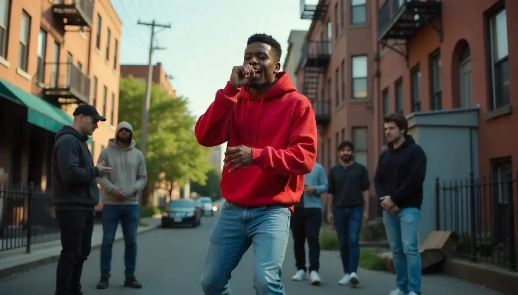 Chico joven grabando un videoclip de una canción en la calle