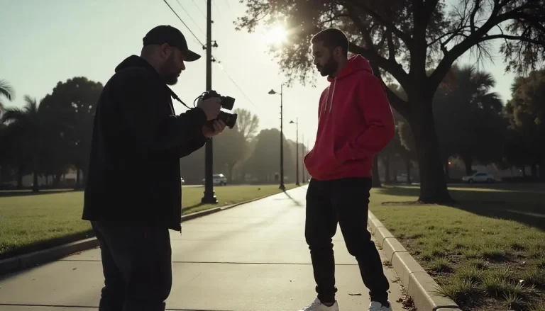 Chico joven grabando un videoclip en la calle a la luz del día con el cámara filmándole