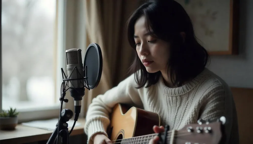 Chica grabando música con su micrófono en su habitación